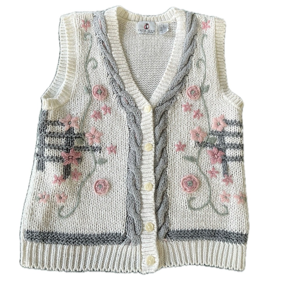 Vintage 90s Floral Embroidered Sweater Vest Cream Sz S Cottagecore Grannycore